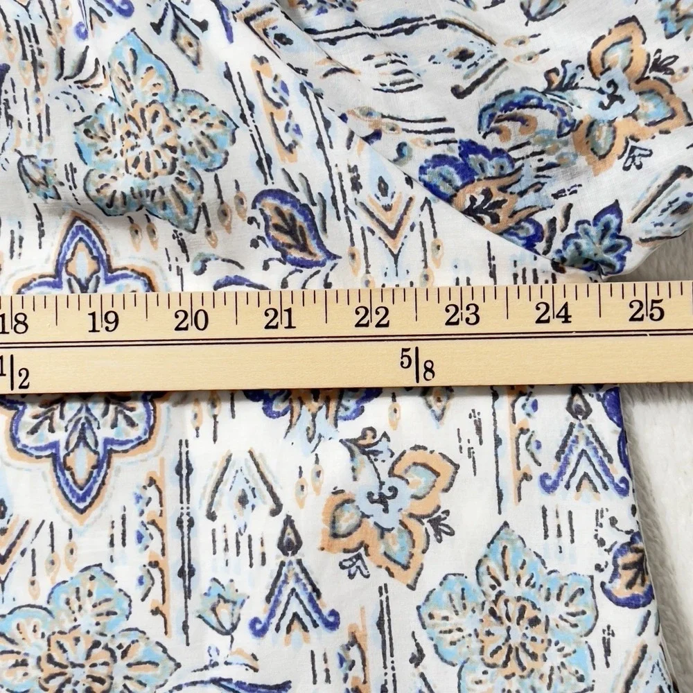 Fate Border‎ Print Tie Neck Peasant Blouse Womens Sz L Long Sleeve Cotton Voile